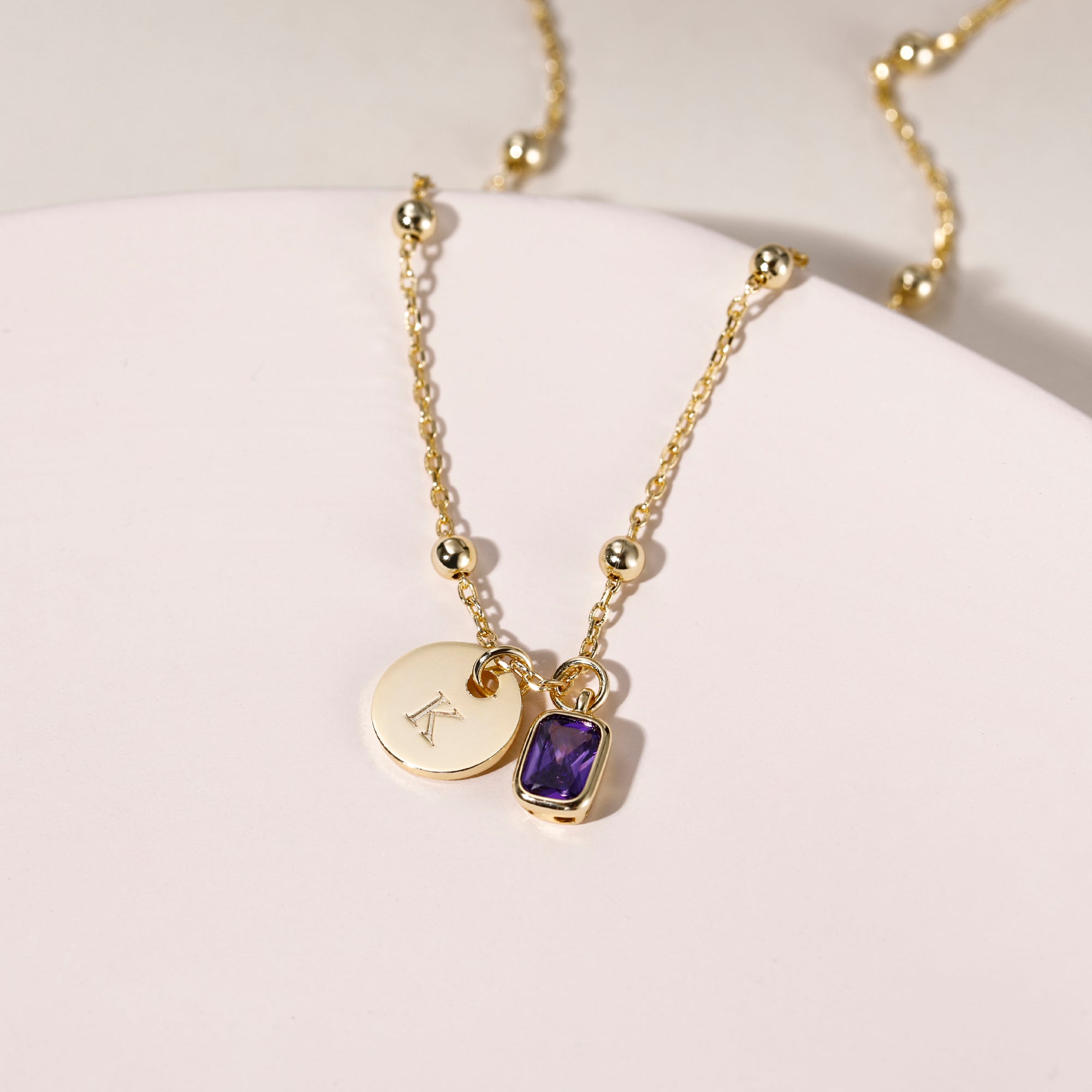 Custom Birthstone Initial Disc Pendant Necklace