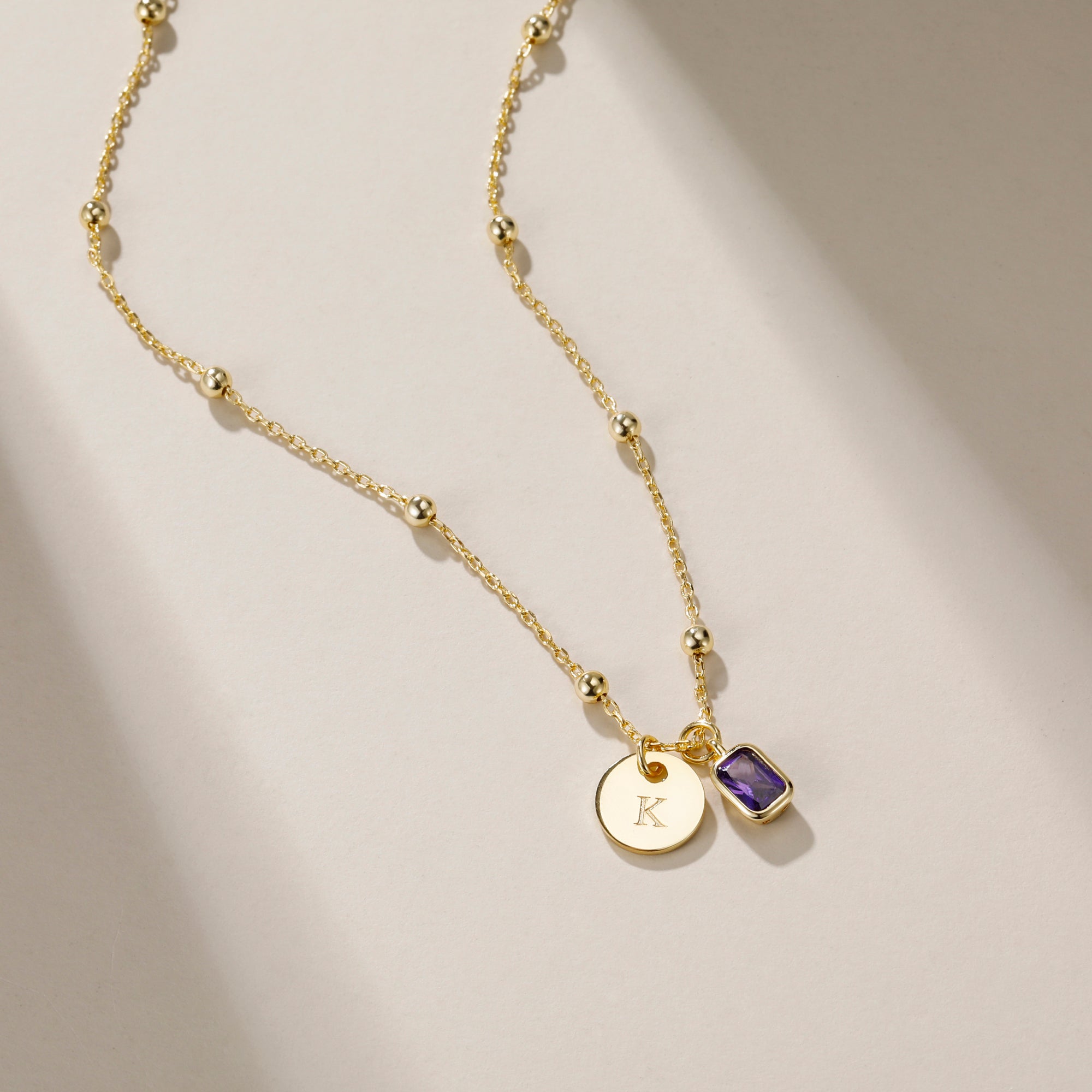 Custom Birthstone Initial Disc Pendant Necklace