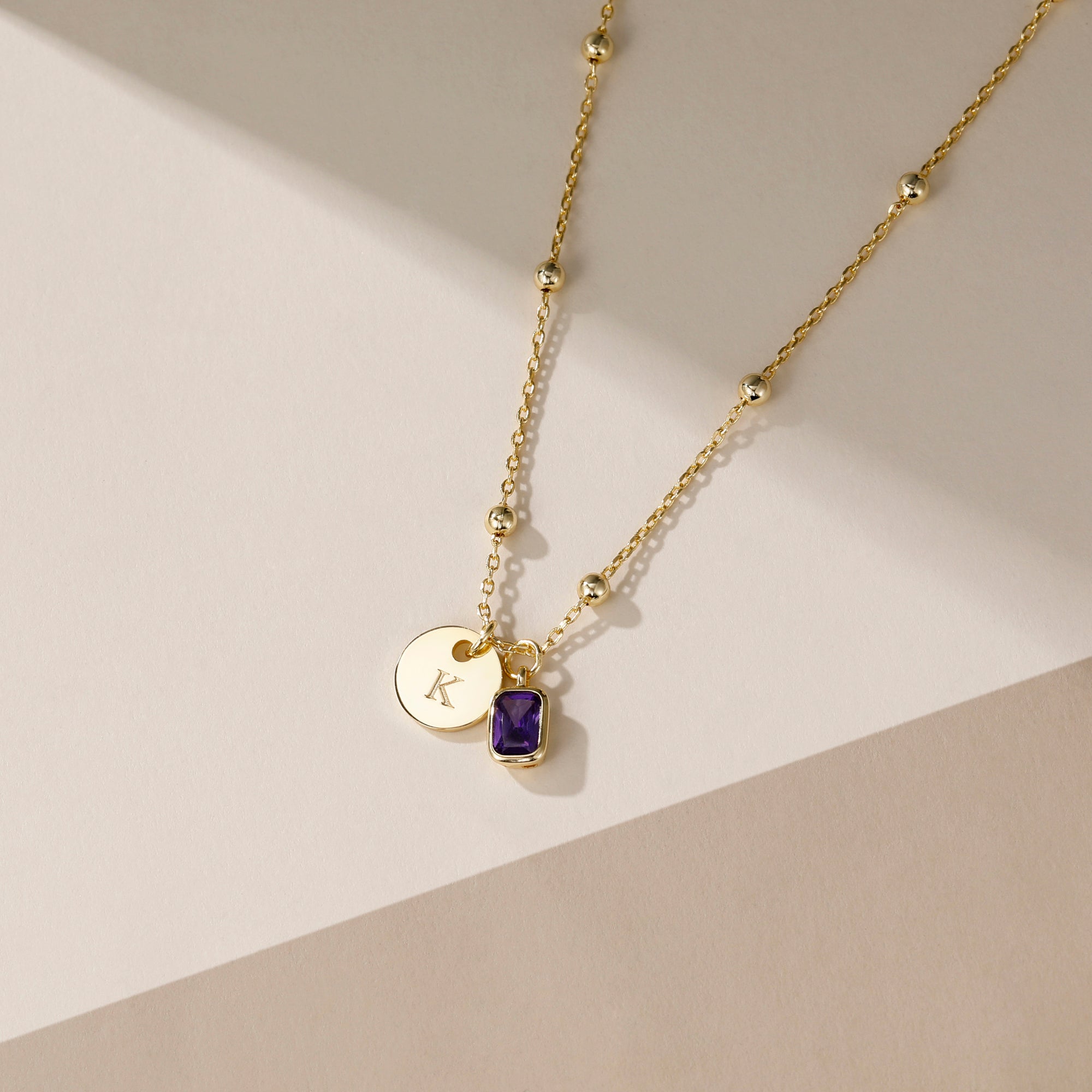 Custom Birthstone Initial Disc Pendant Necklace