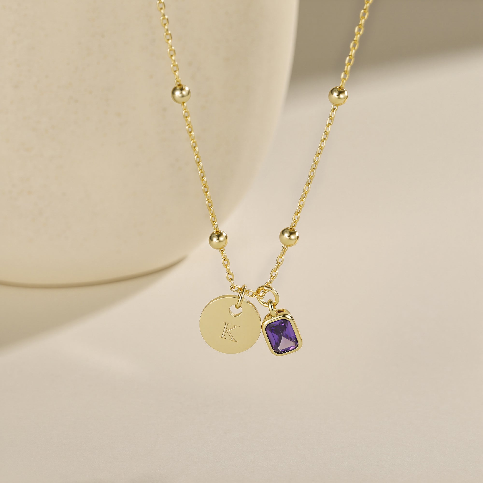 Custom Birthstone Initial Disc Pendant Necklace